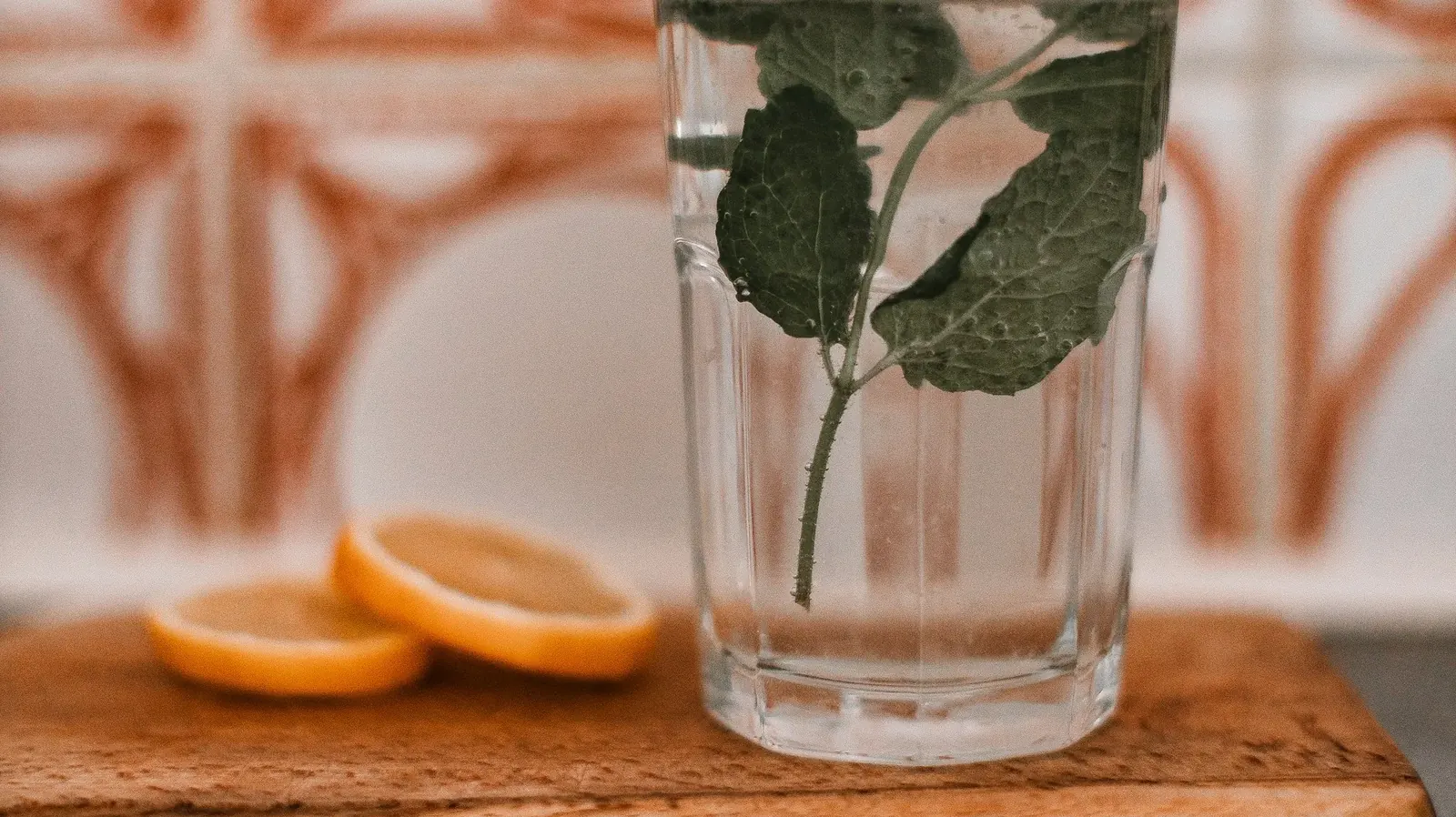Glass of water with a slice of citrus on a counter