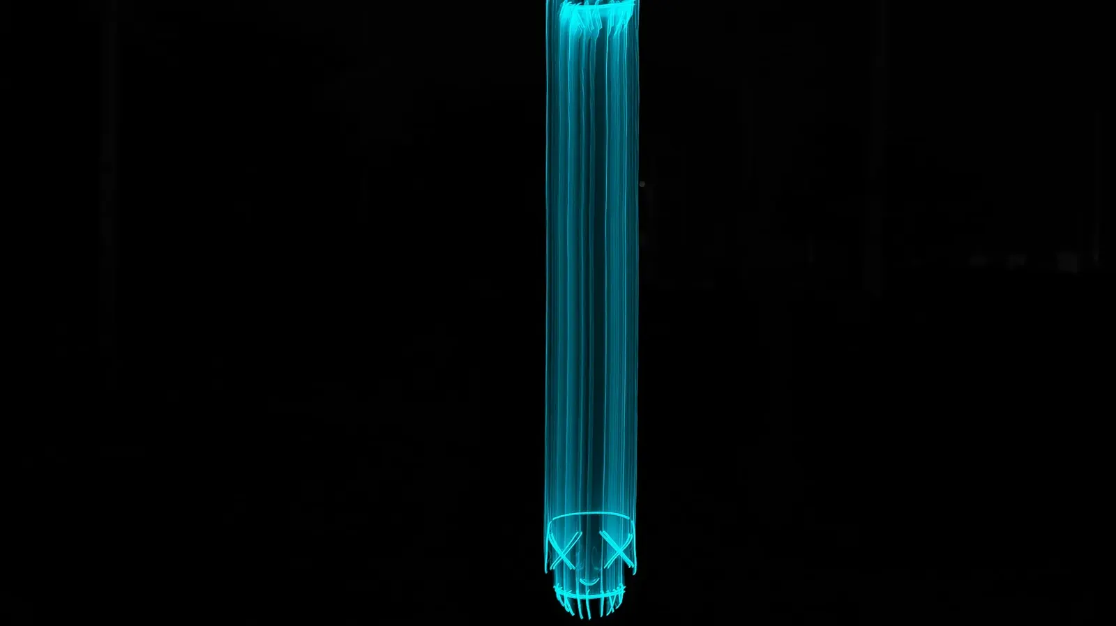 Glowing ultraviolet lamp tube against a dark background